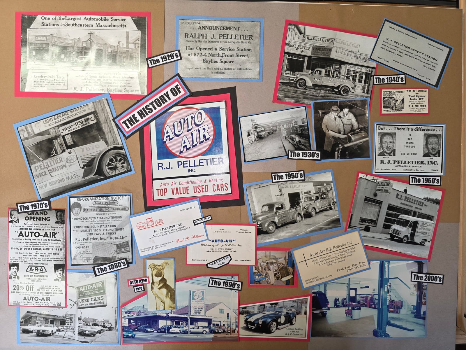A collage documenting Auto Air R.J. Pelletier's history from the 1920s through the 2000s, with vintage shop photos, newspaper clippings, and business cards for each decade